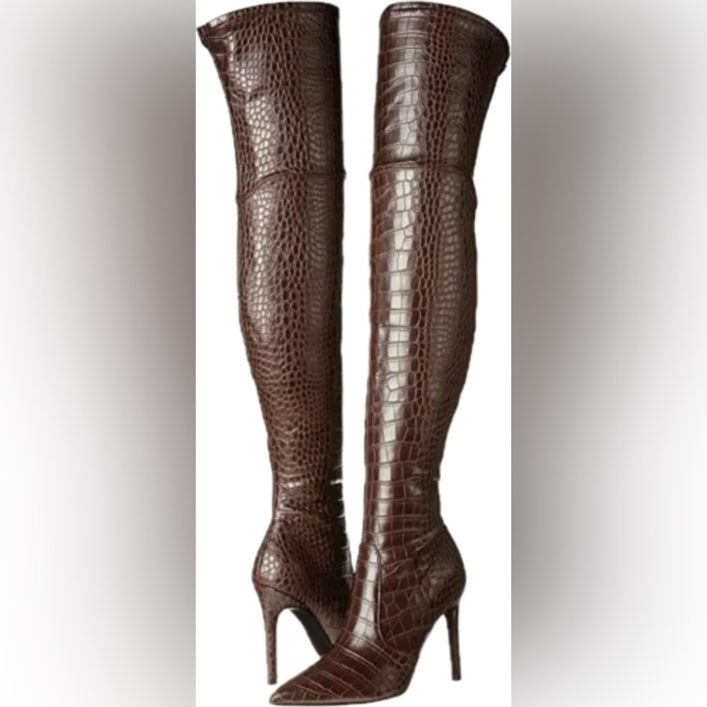 Guess Brown Leather Croc Print Thigh High Boots